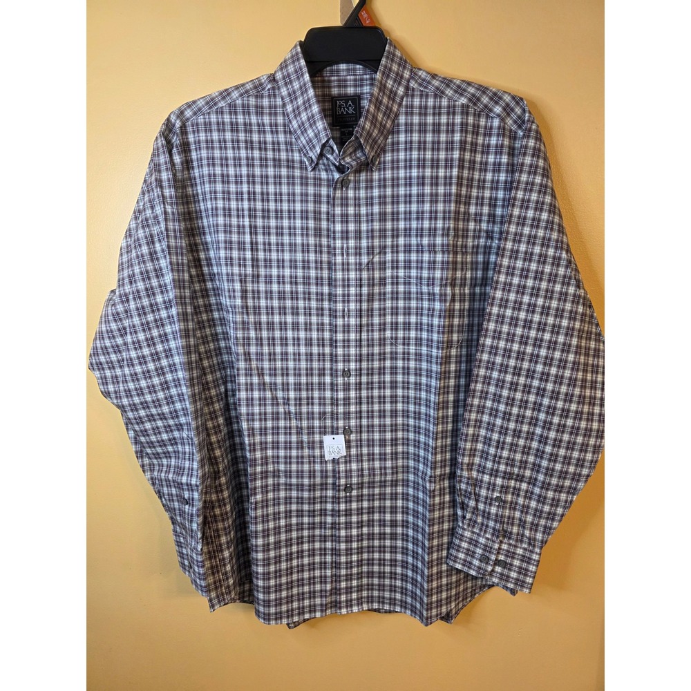 Jos. A. Bank Traveler Shirt Mens Large Traditional Fit Plaid Cotton Purple Green